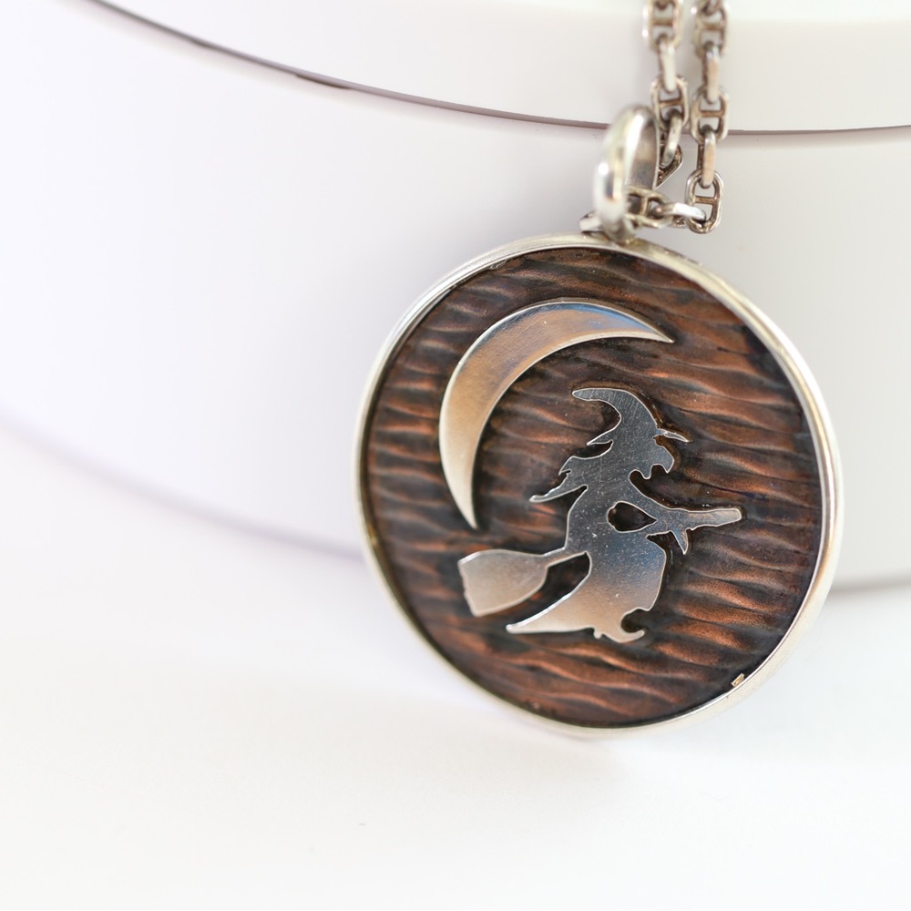 Sterling Silver Witch on Broom Pendant Necklace with Copper Moonlit Background - Picture 7 of 7